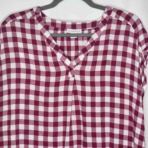Liz Claiborne Womens  Top Size L Red White Plaid V Neck Country Cuffed Sleeve - Picture 3 of 9